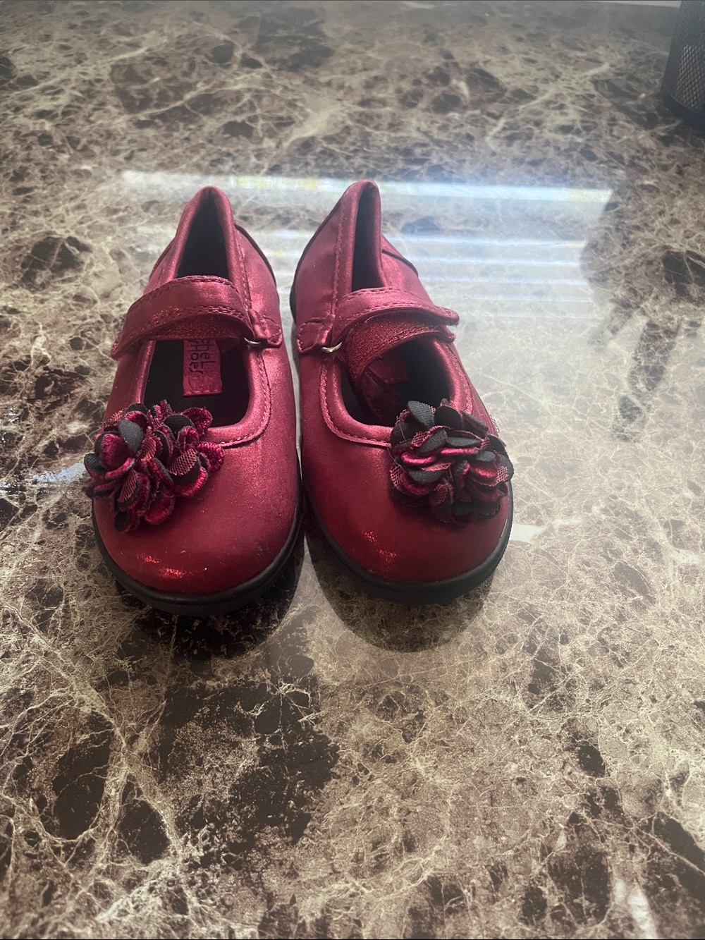 Rachel Shoes Burgundy Sparkle Mary Jane with Flower